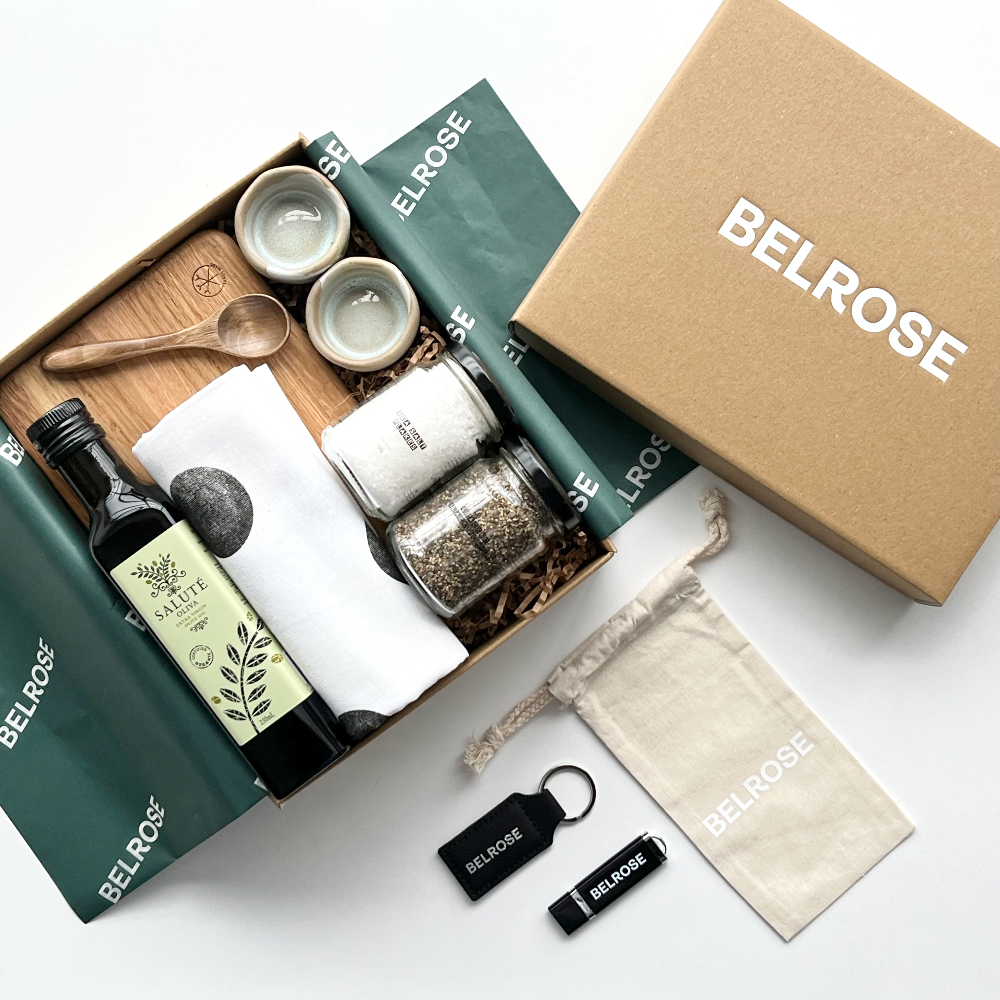 Belrose gift set with olive oil, salt, and other items Custom Corporate Hamper Gift