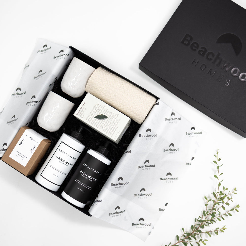 Custom-branded corporate gift hampers with Beach Wood logo and sustainable packaging