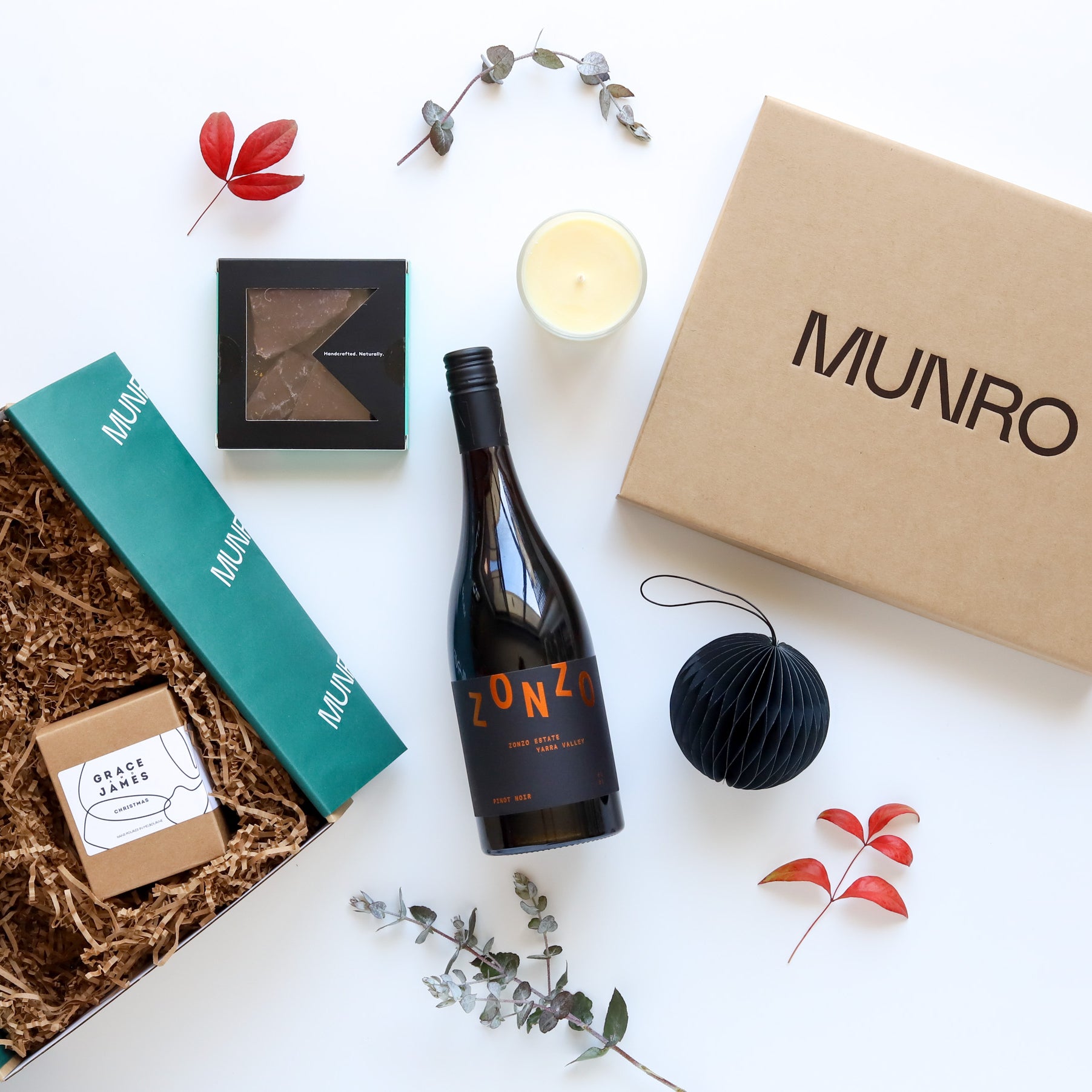 Munro Custom Corporate Hamper Gift Wine bottle, box, and other items on a white background