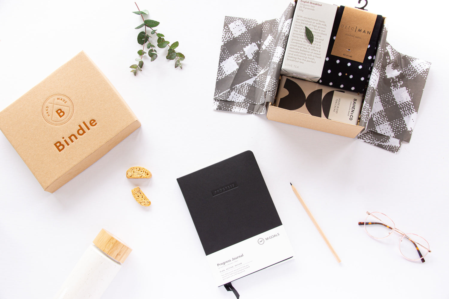Bindle gift hamper box including a love tea, socks and chocolate by Bahen + Co with MiGoals notebook