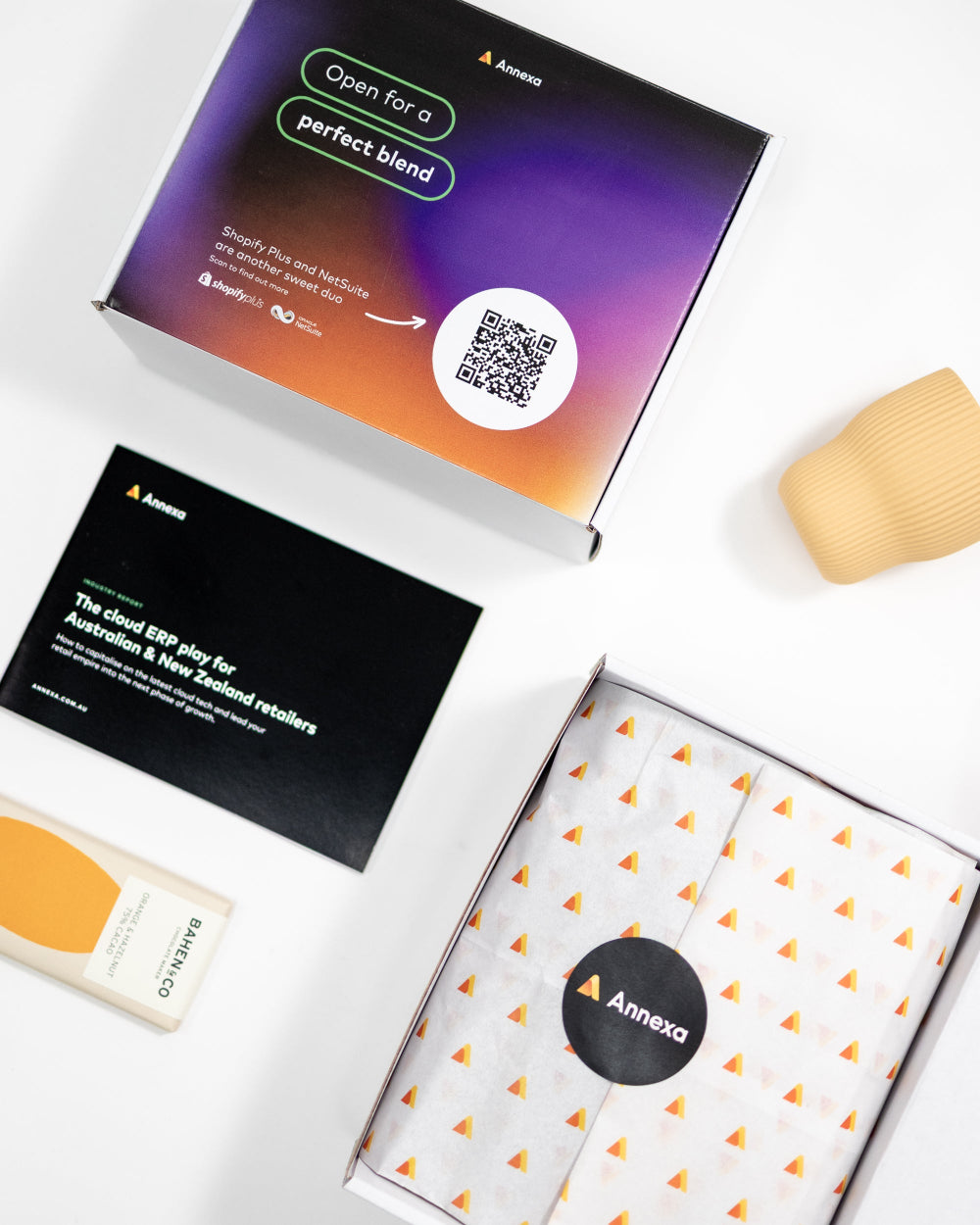 Custom-branded corporate gift hampers with Annexa logo with sustainable packaging and products
