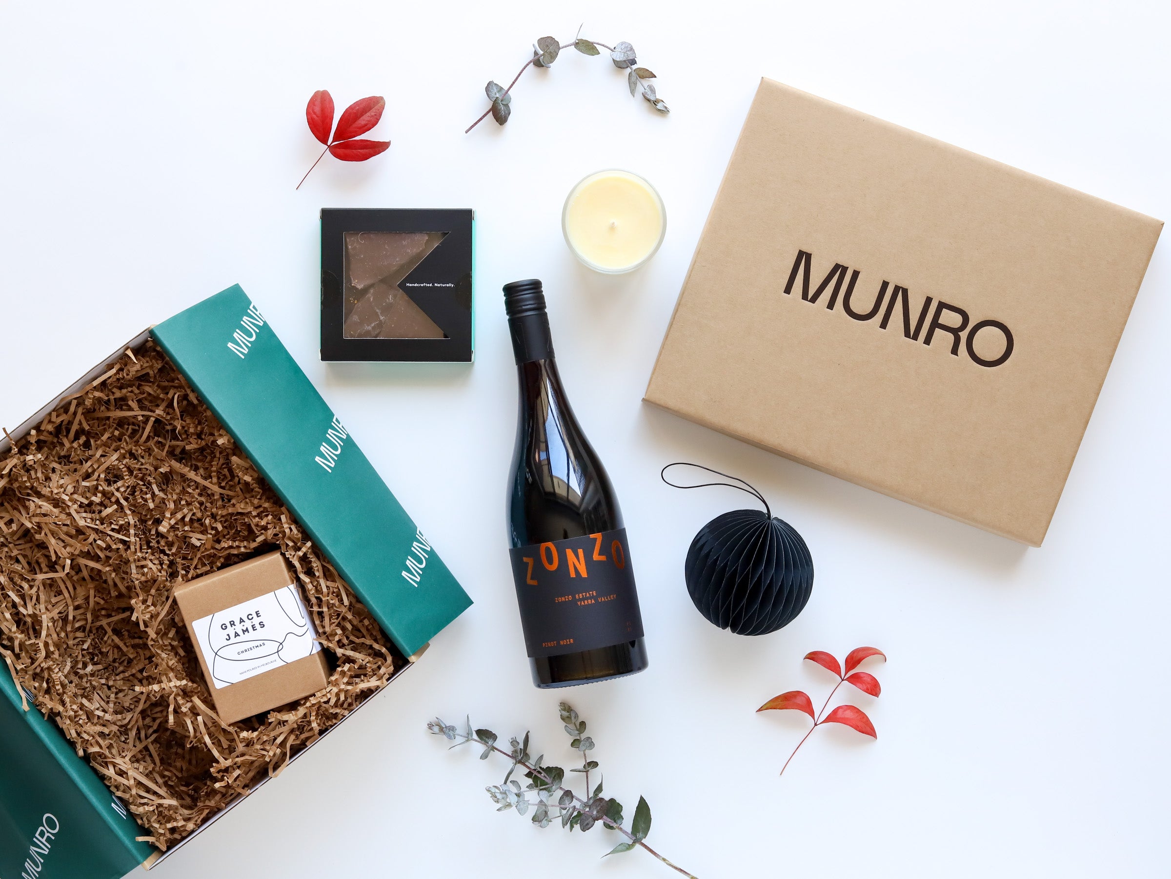 Munro Custom Corporate Hamper Gift Wine bottle, box, and other items on a white background