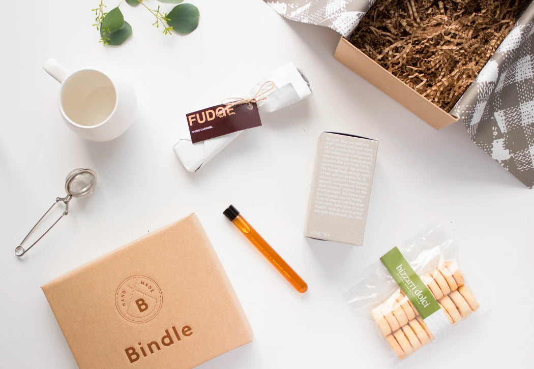 Bindle gift hamper box with sustainable food and tea products