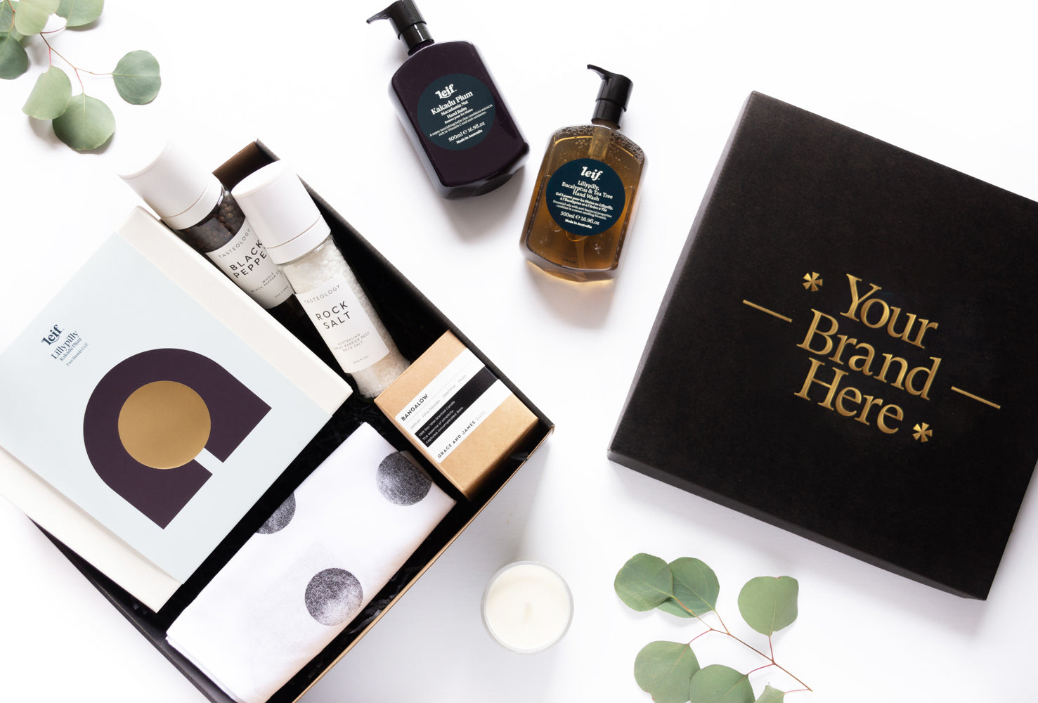 Custom-branded corporate gift hampers with company logo and sustainable packaging