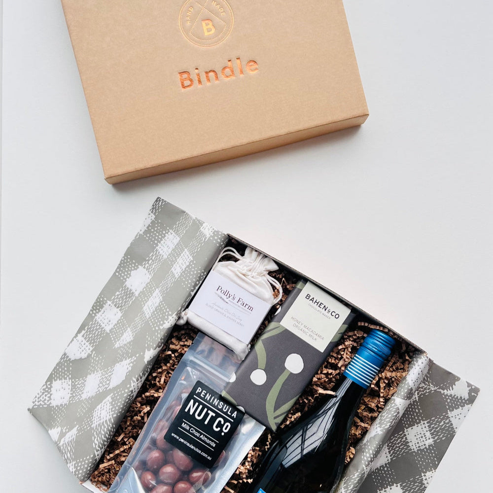 Bindle's gourmet food hamper including Australian-made condiments, snacks and wine