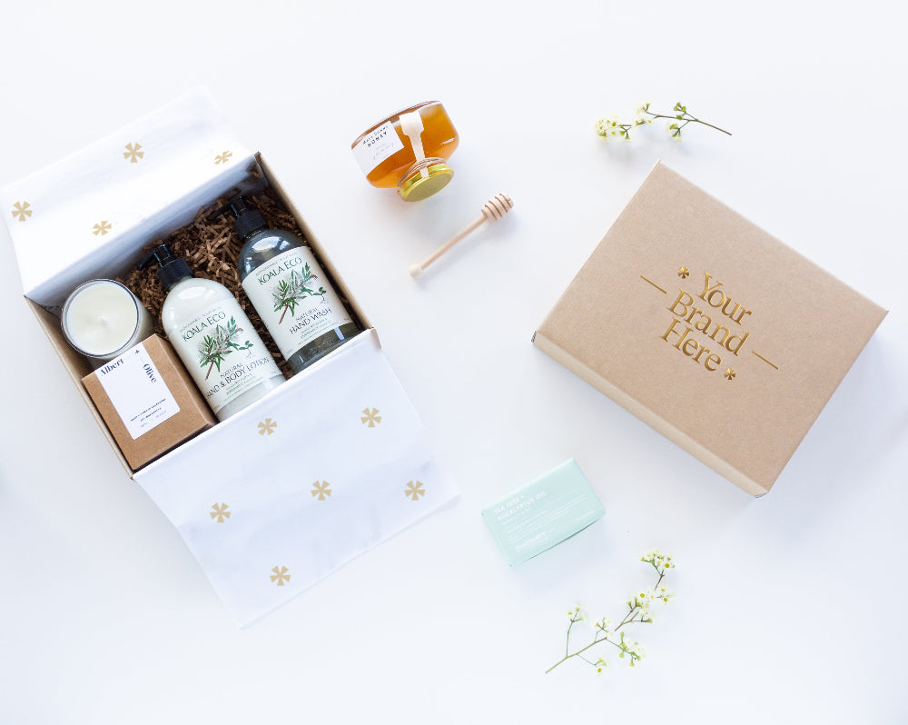 Custom-branded corporate gift hampers with company logo and sustainable packaging