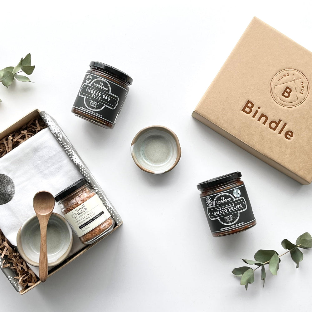 Hand-wrapped Bindle gift hamper box featuring local Australian gourmet products
