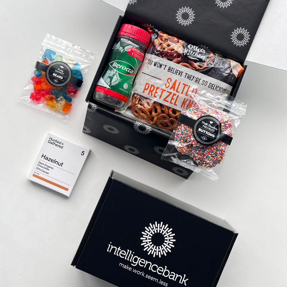 Custom-branded corporate gift hampers with Intelligence Bank logo and sustainable packaging
